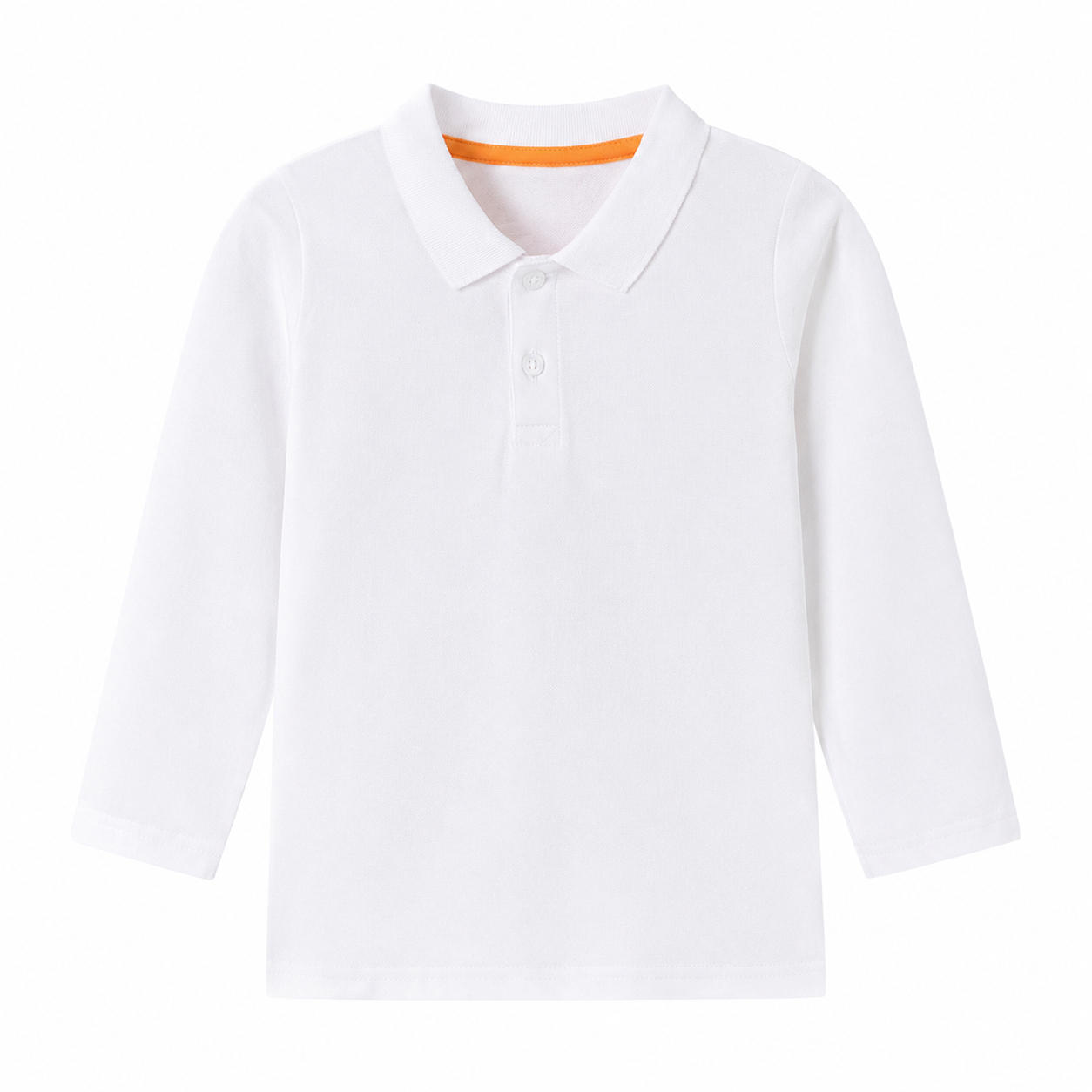 Front flat lay of the white kids long sleeve polo shirt.