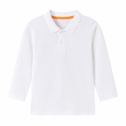 Front flat lay of the white kids long sleeve polo shirt.