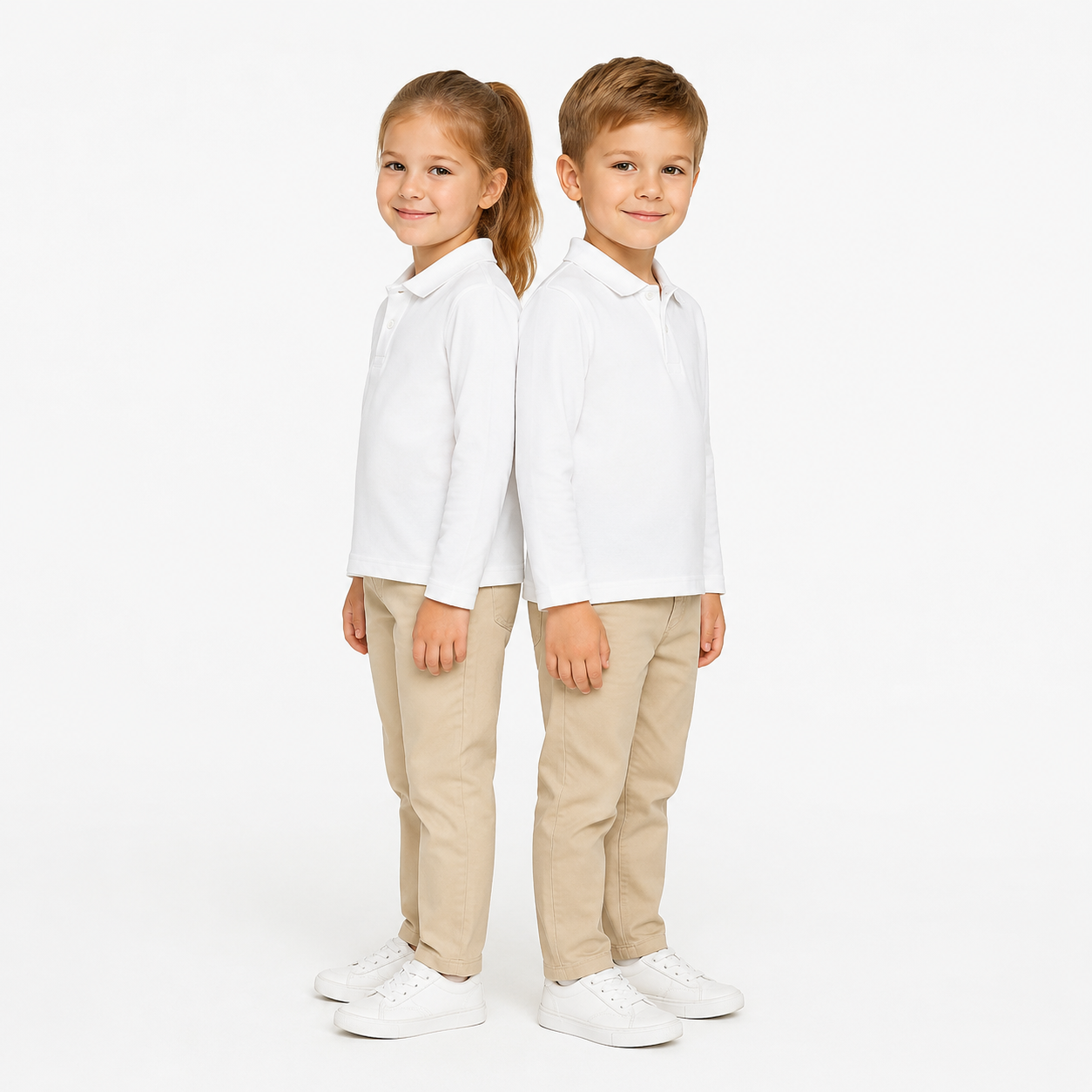 Girl and boy models wearing the white kids long sleeve polo shirt.