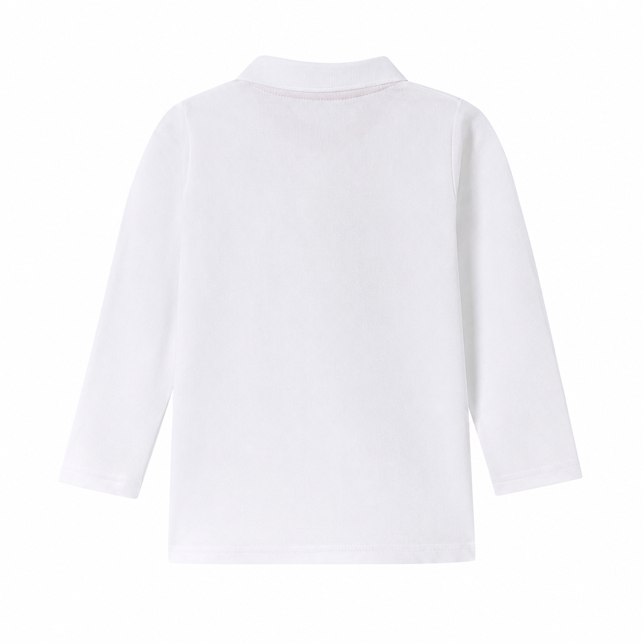 Back flat lay of the white kids long sleeve polo shirt.