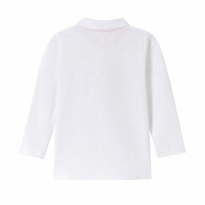 Back flat lay of the white kids long sleeve polo shirt.