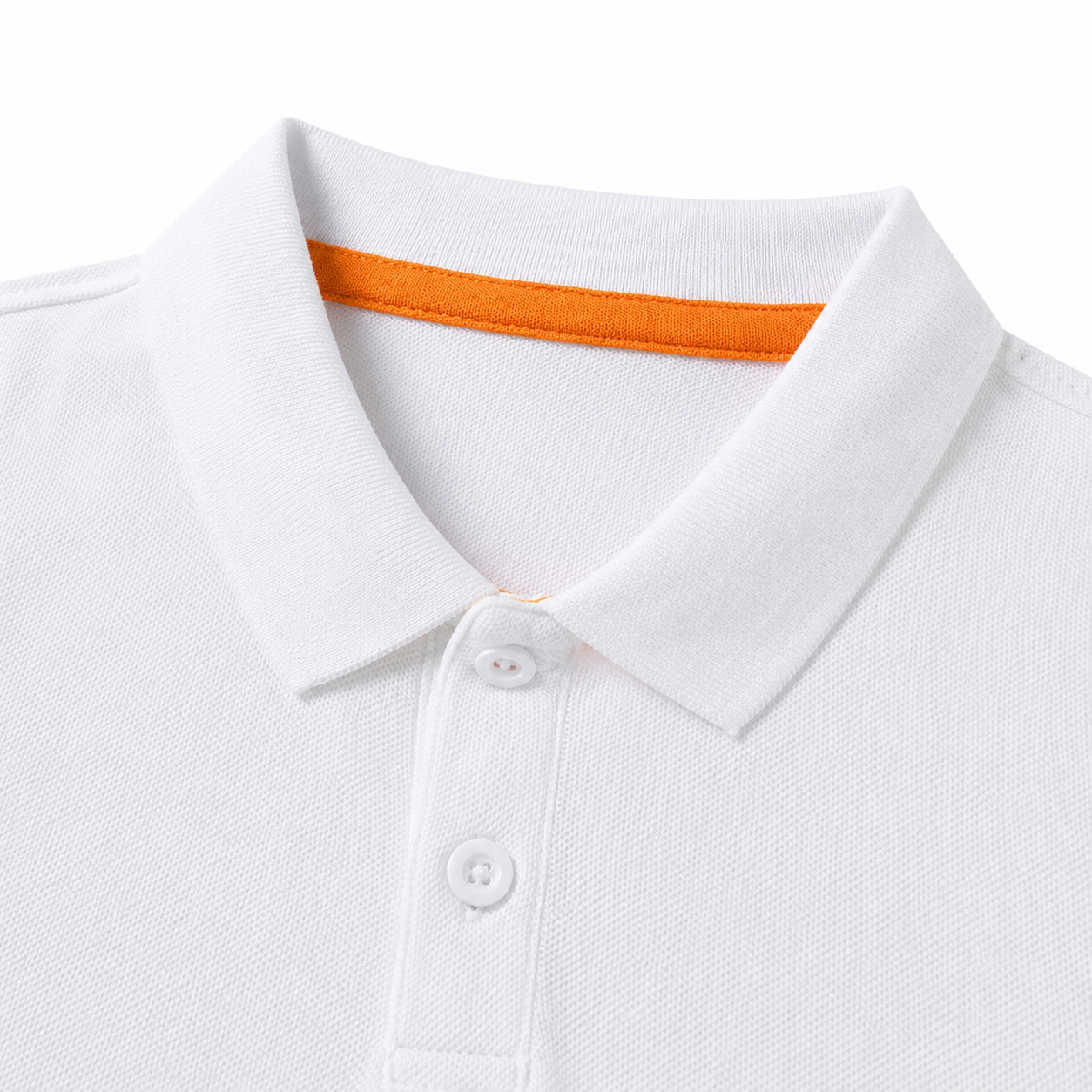Close-up of the polo collar and two-button placket on the white kids shirt.