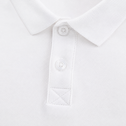 Close-up of the collar and button placket construction on the white long sleeve polo.