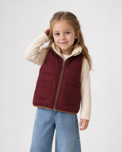 Girl model wearing the burgundy sherpa-lined puffer vest over a long sleeve top.