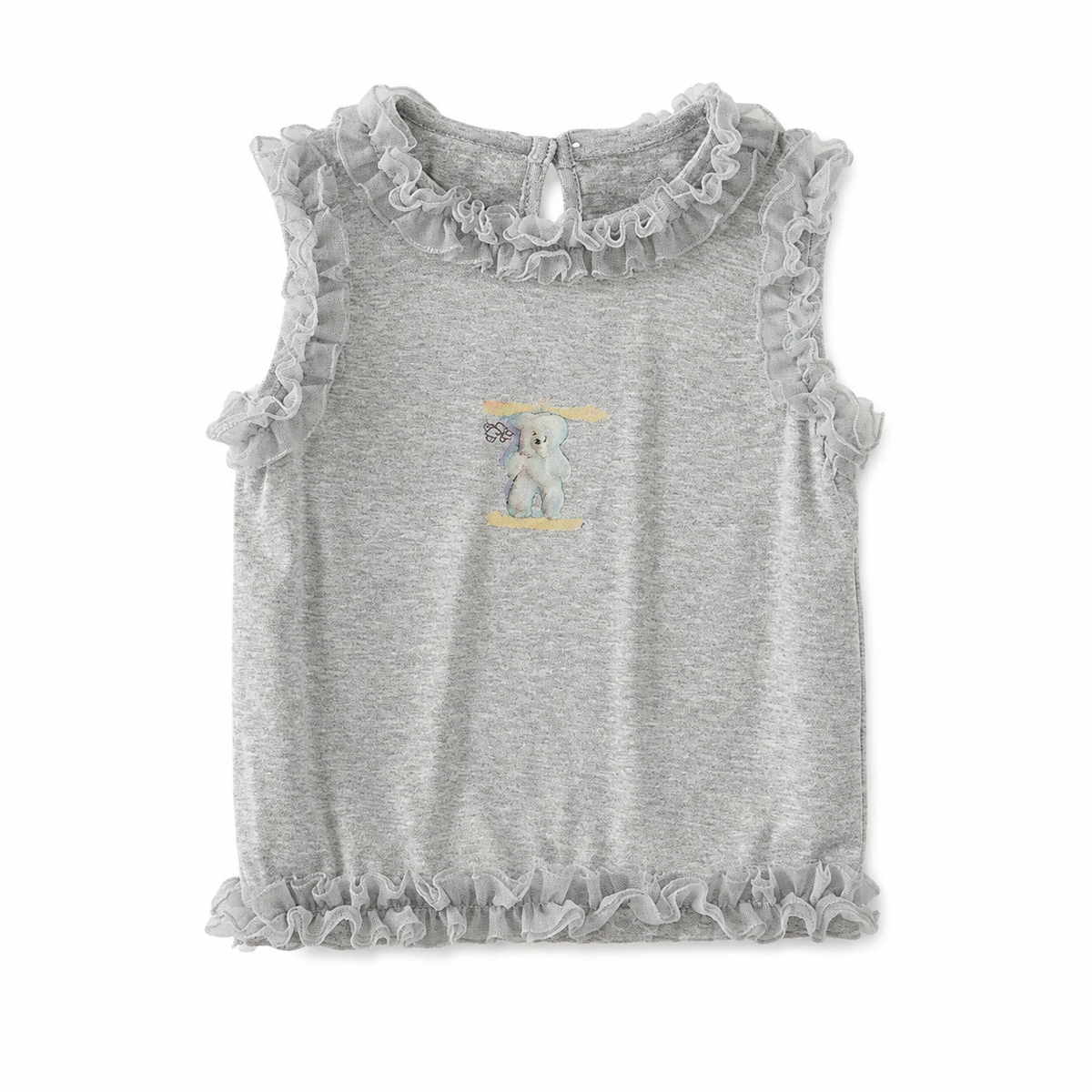 Front flat lay of the heather gray girls ruffle sleeveless top with elephant graphic.