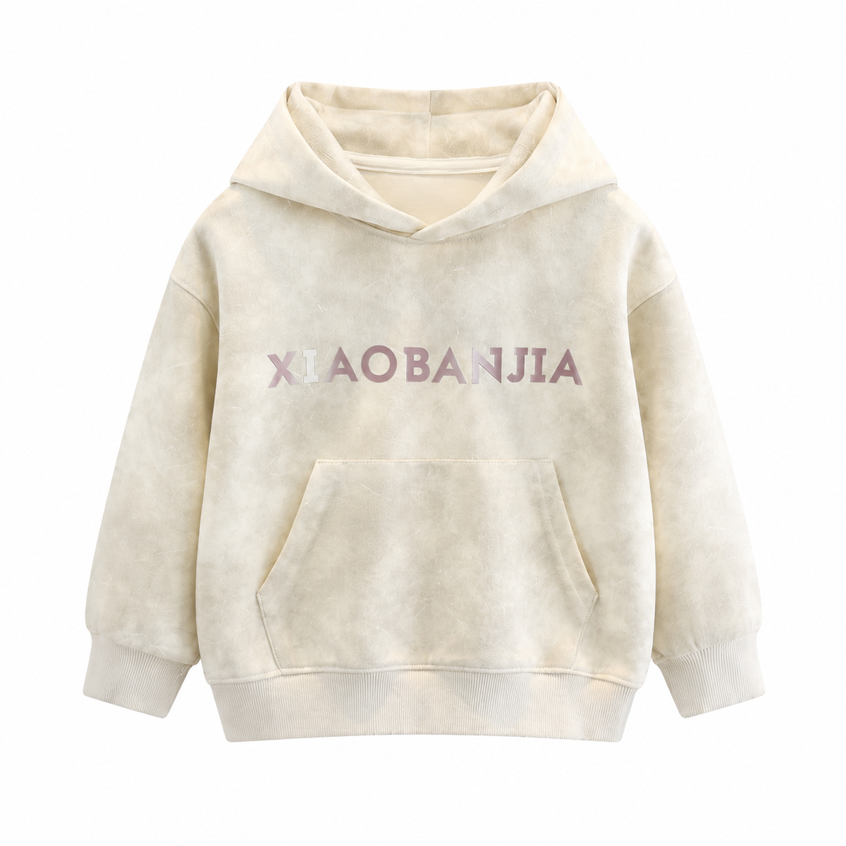 Front flat lay of the cream kids cotton pullover hoodie with soft washed texture.
