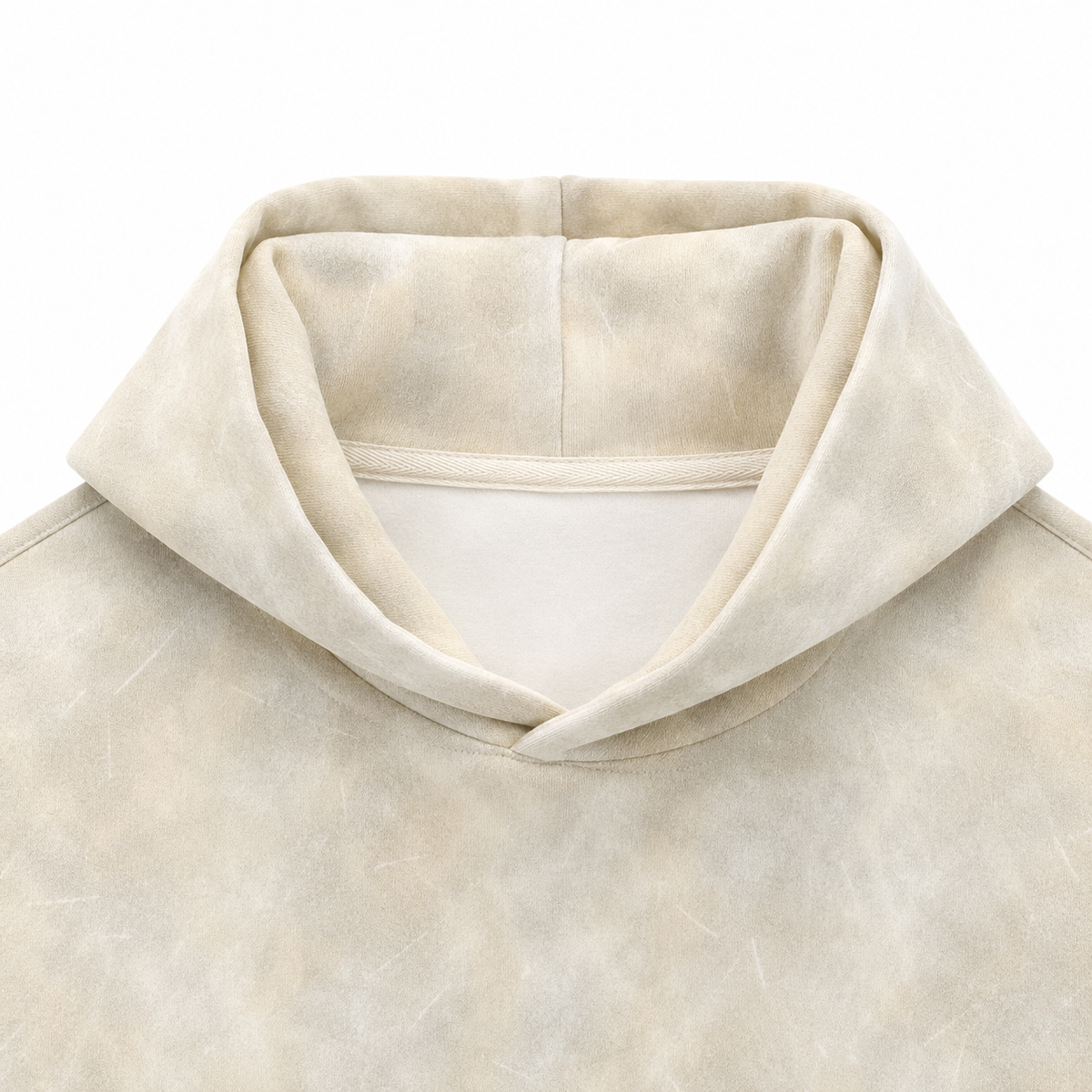 Close-up of the hood and neckline detail on the cream kids hoodie.