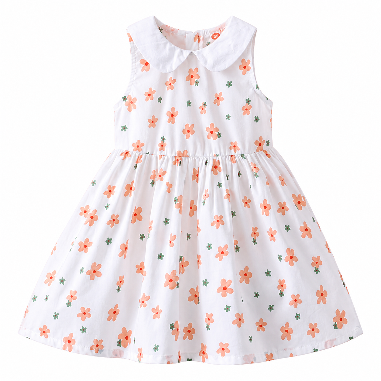 Front flat lay of the Coral Floral girls cotton dress with a white Peter Pan collar.