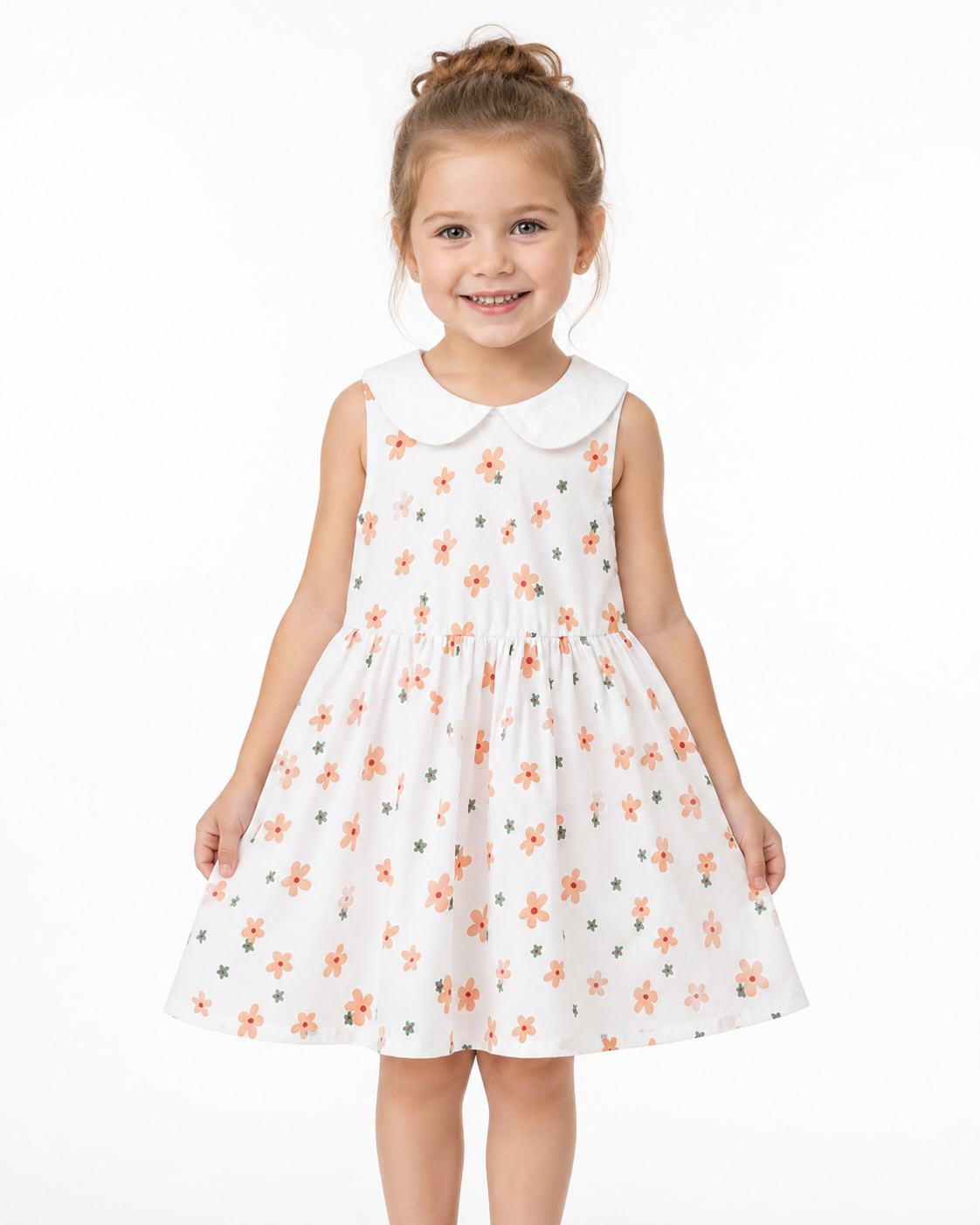 Girl model wearing the Coral Floral sleeveless cotton dress.