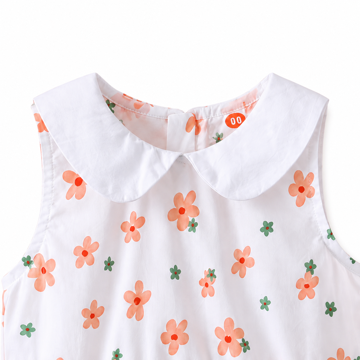 Close-up of the white Peter Pan collar and coral floral print.