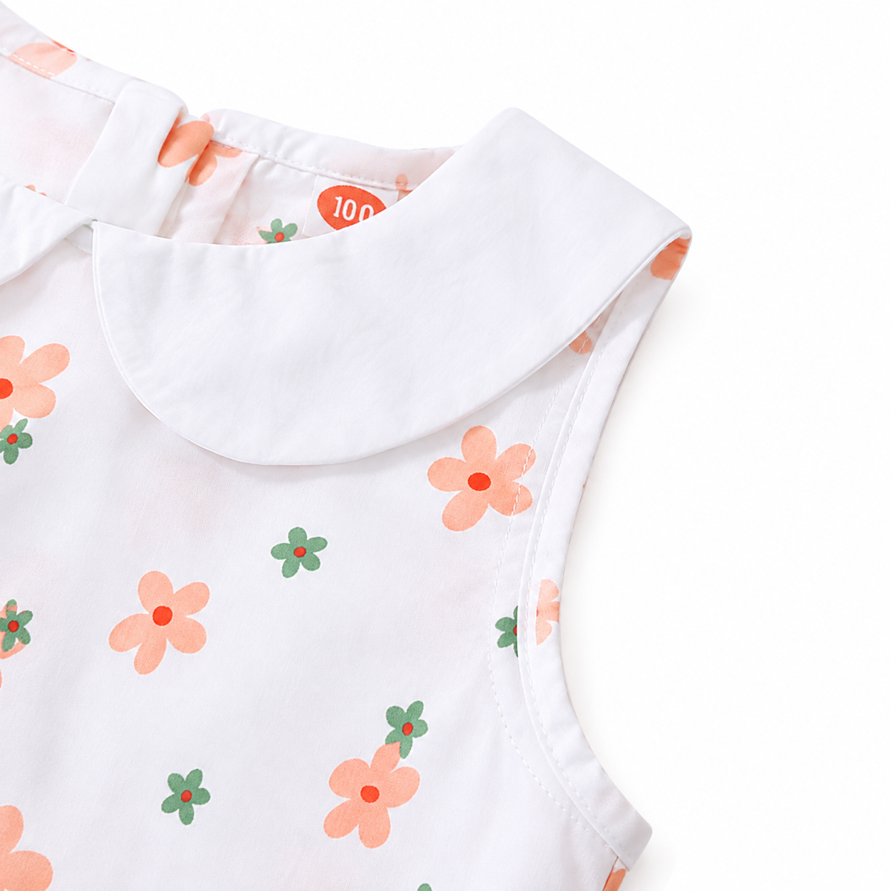 Close-up of the collar, sleeveless armhole, and coral floral fabric.