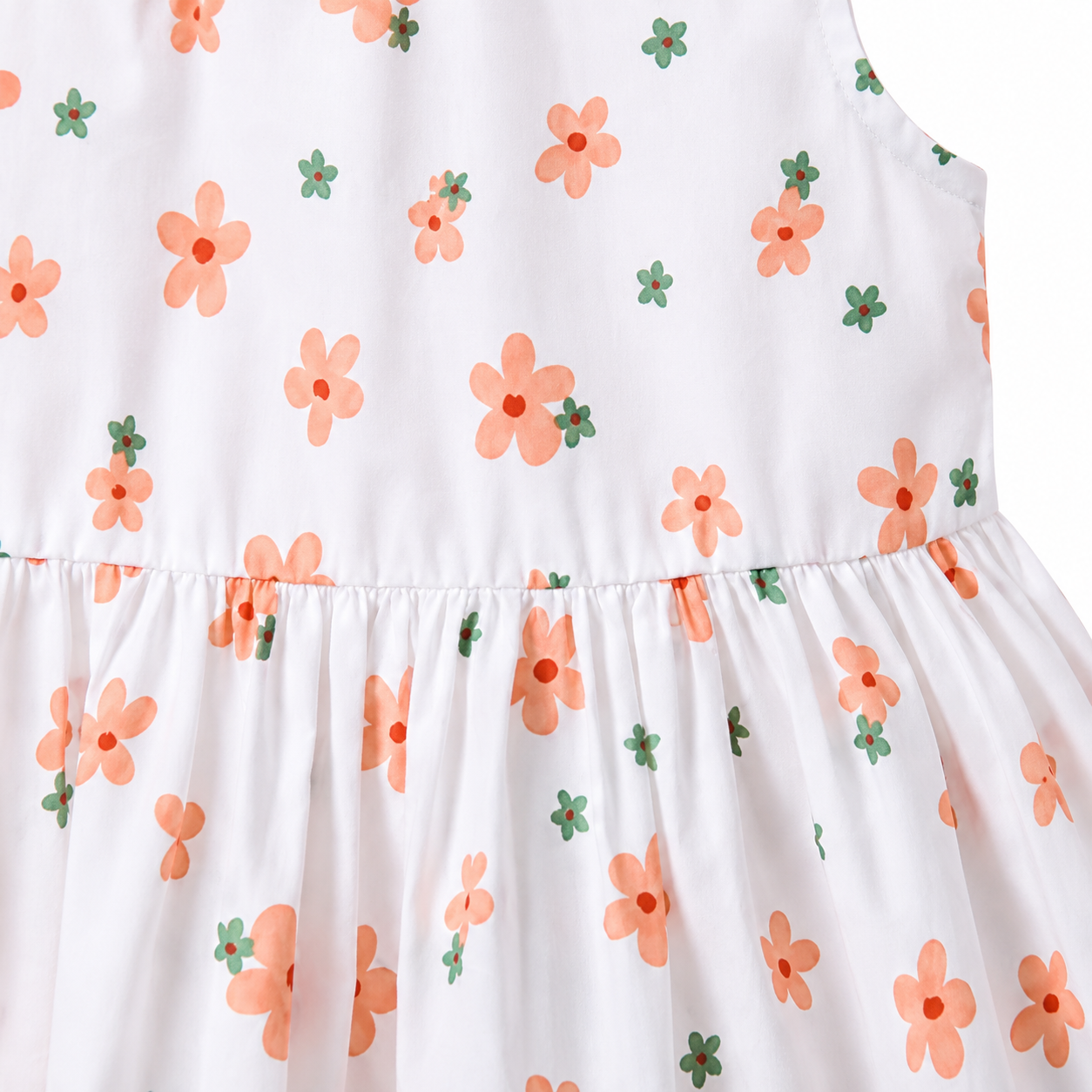 Close-up of the gathered waist and coral floral print.