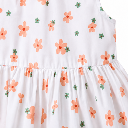 Close-up of the gathered waist and coral floral print.