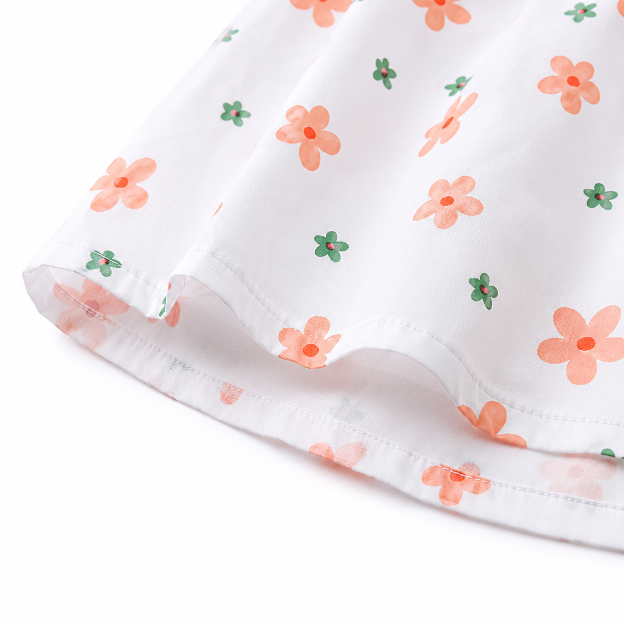 Close-up of the coral and green floral print at the dress hem.