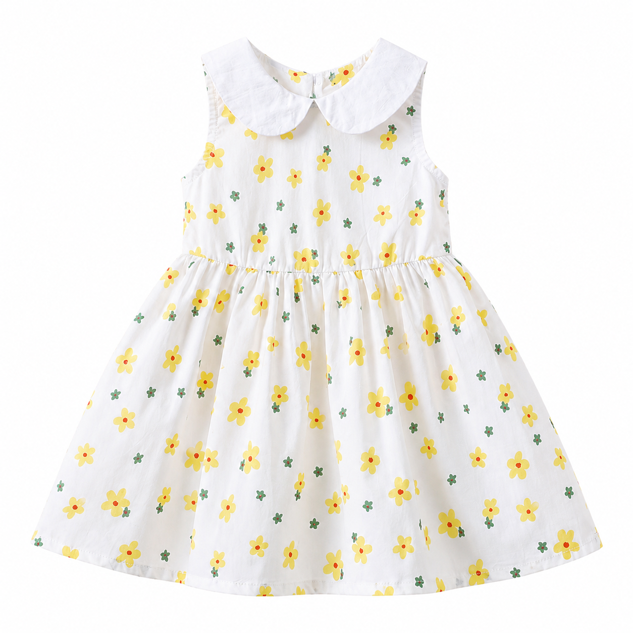 Front flat lay of the Yellow Floral girls cotton dress with a white Peter Pan collar.