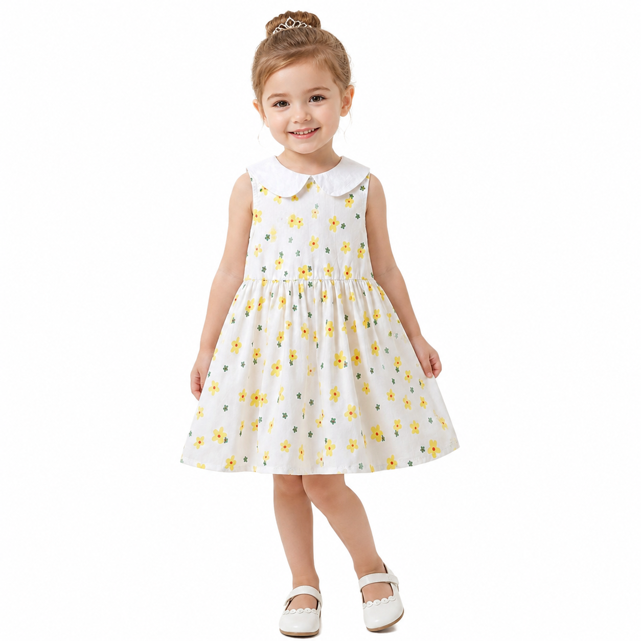 Girl model wearing the Yellow Floral sleeveless cotton dress.