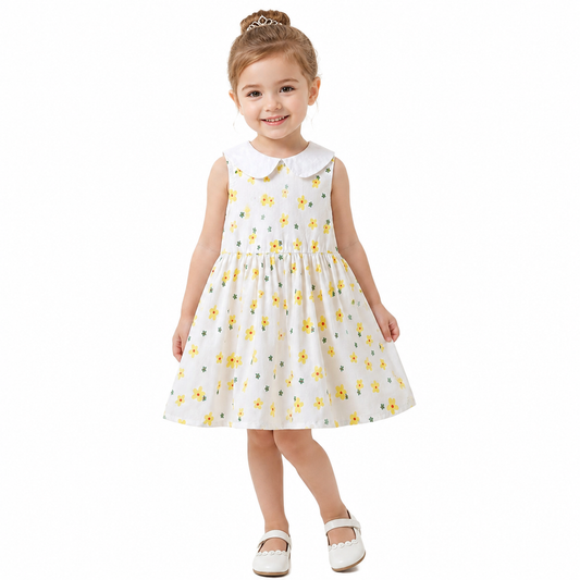 Girl model wearing the Yellow Floral sleeveless cotton dress.