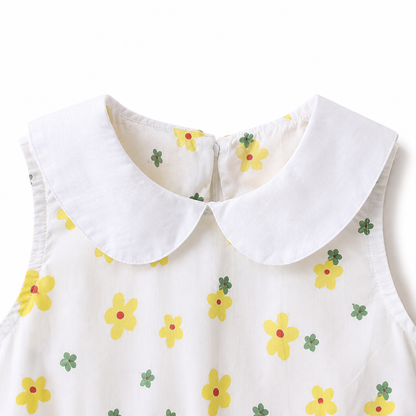 Close-up of the white Peter Pan collar and yellow floral print.