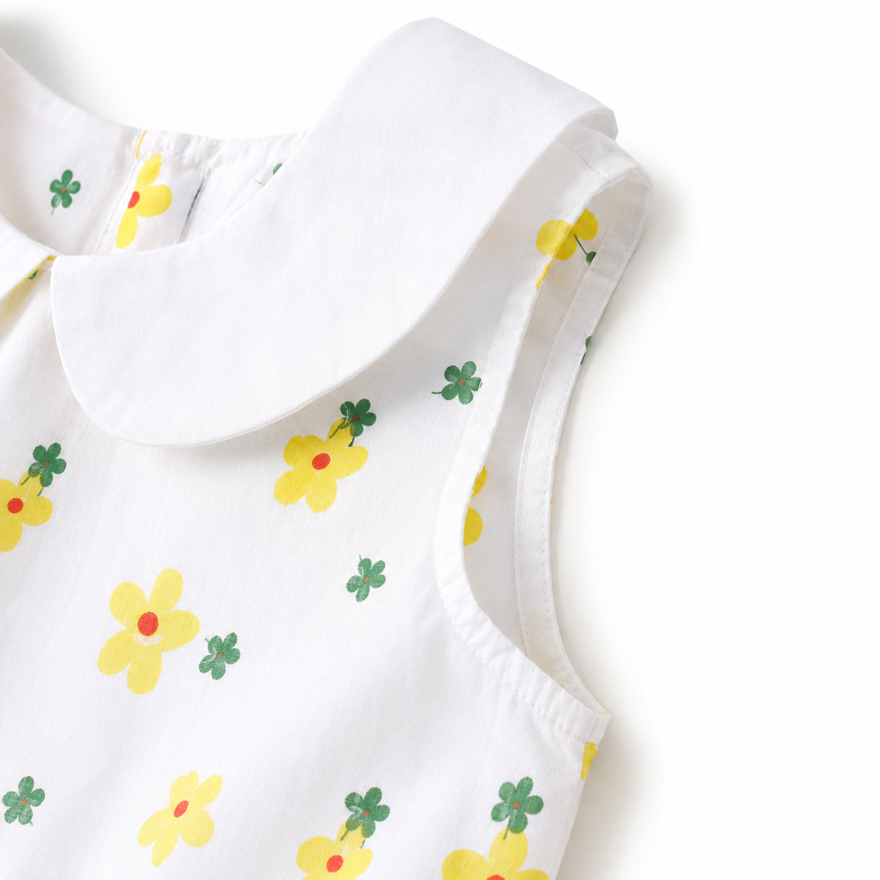 Close-up of the collar, sleeveless armhole, and yellow floral fabric.
