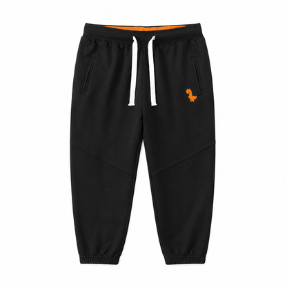 Front flat lay of the black kids cotton jogger pants with drawstring waist and dinosaur detail.