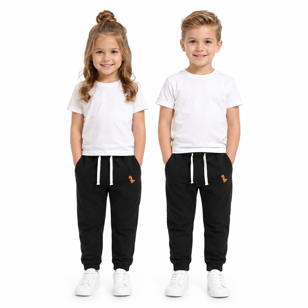 Girl and boy models wearing the black unisex kids cotton jogger pants.