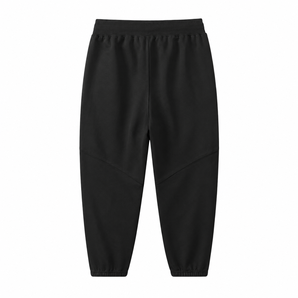 Back flat lay of the black kids jogger pants with elastic waistband and cuffs.