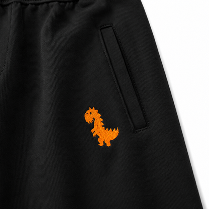 Close-up of the small dinosaur embroidery and side pocket on the black kids pants.