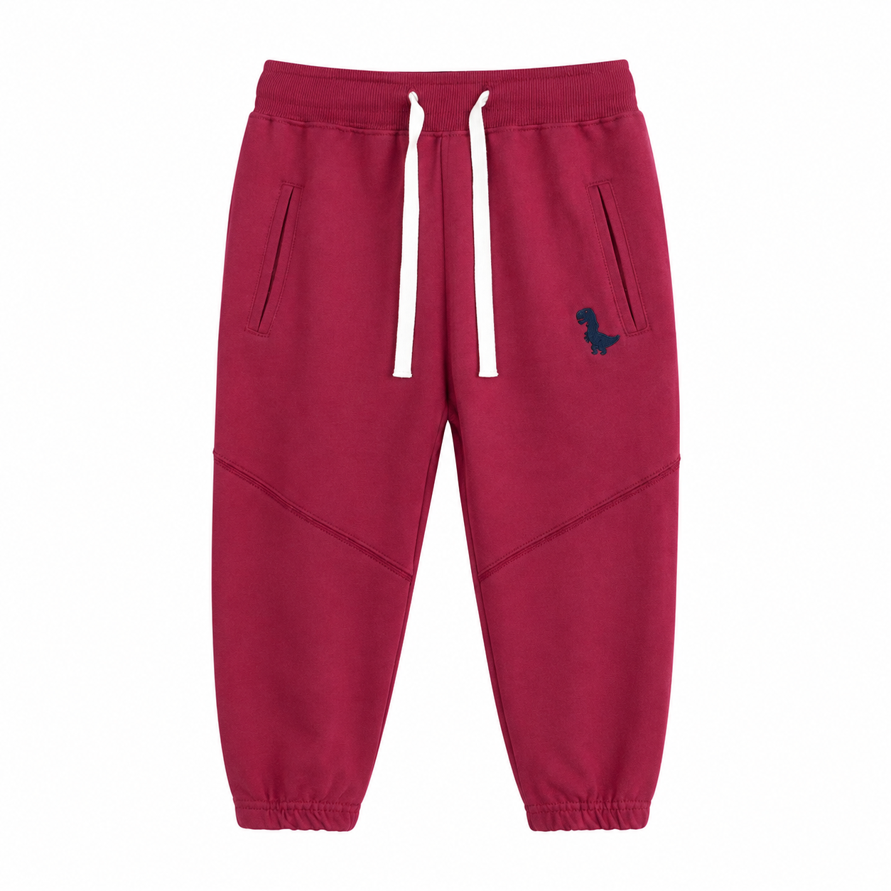 Front flat lay of the burgundy kids cotton jogger pants with drawstring waist and dinosaur detail.