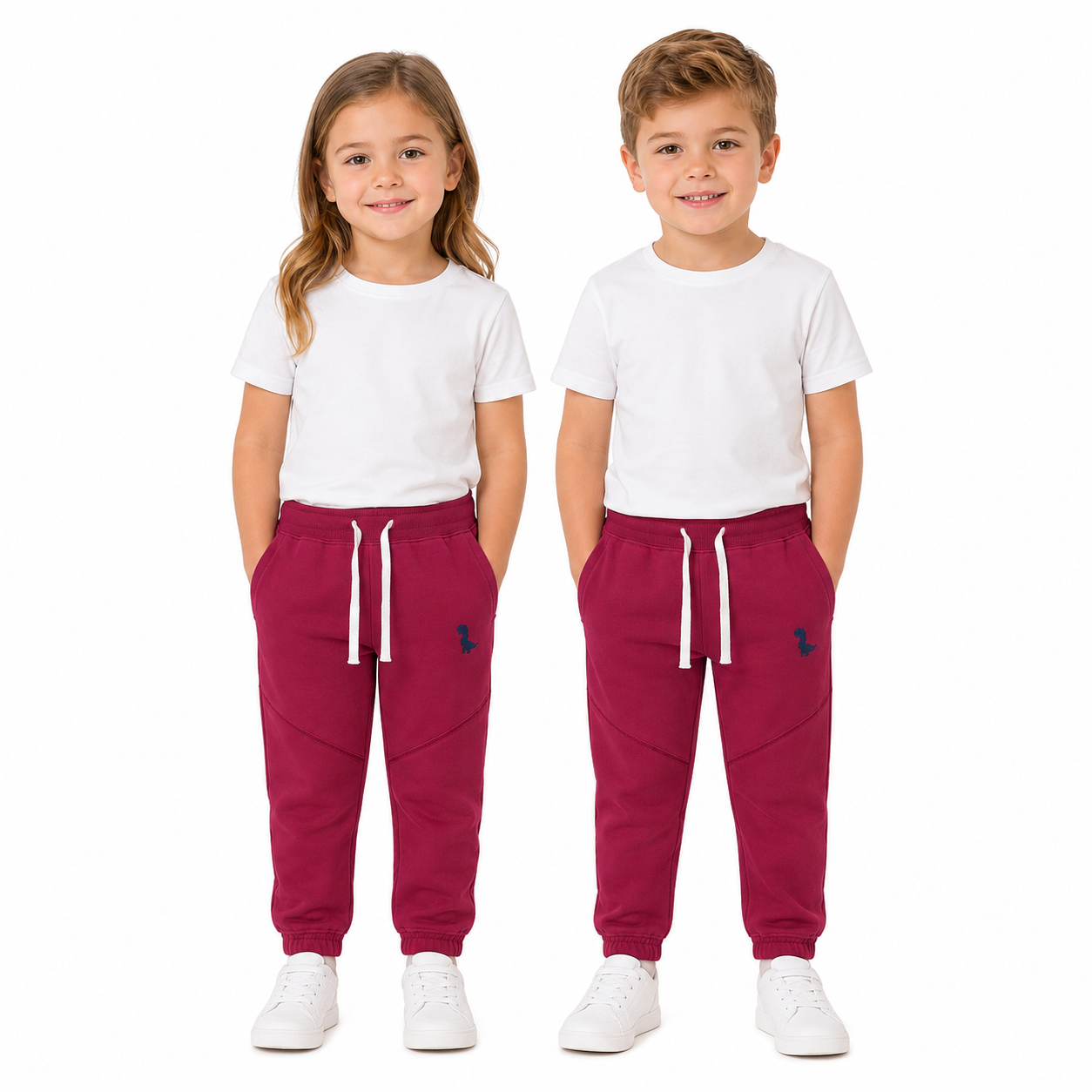 Girl and boy models wearing the burgundy unisex kids cotton jogger pants.