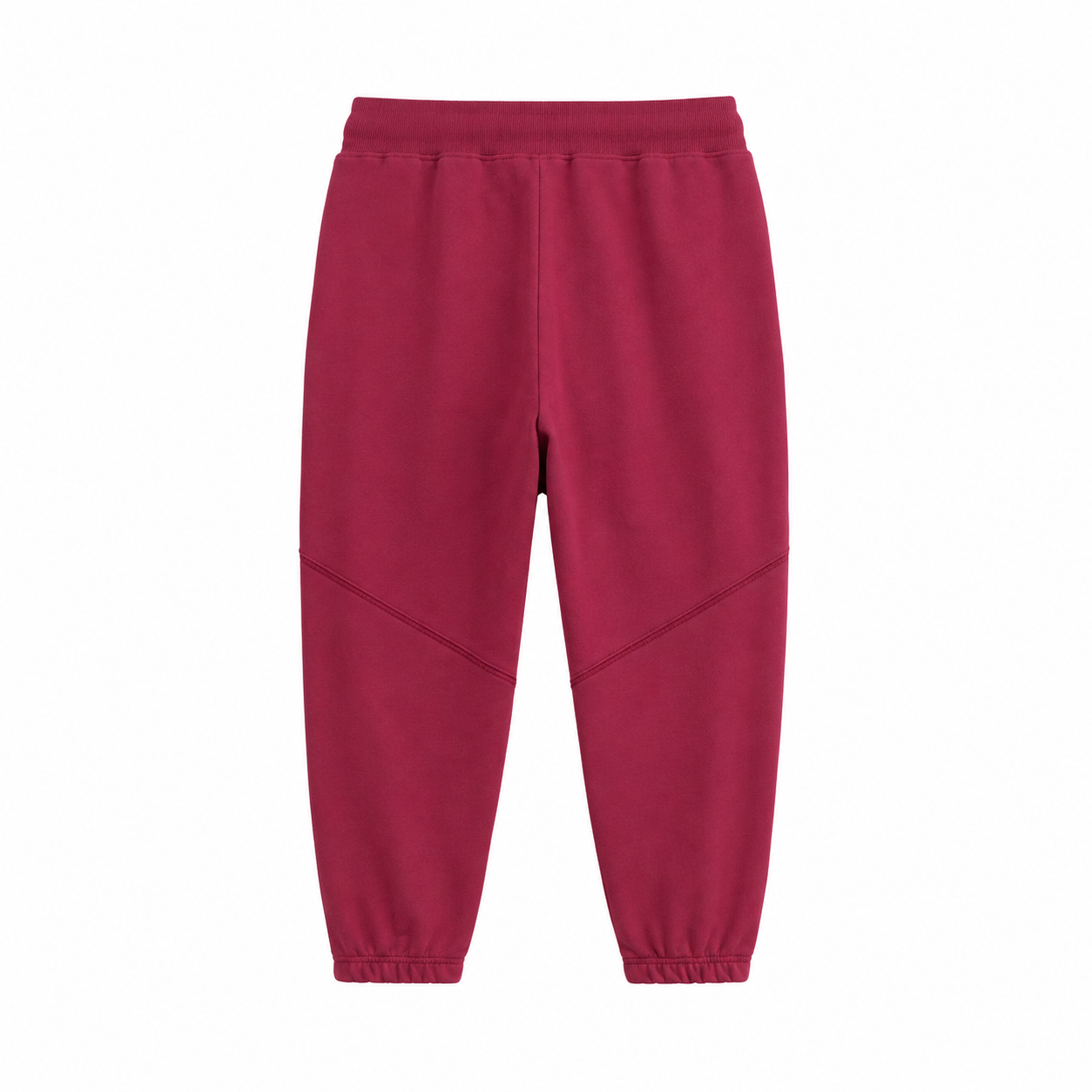Back flat lay of the burgundy kids jogger pants with elastic waistband and cuffs.