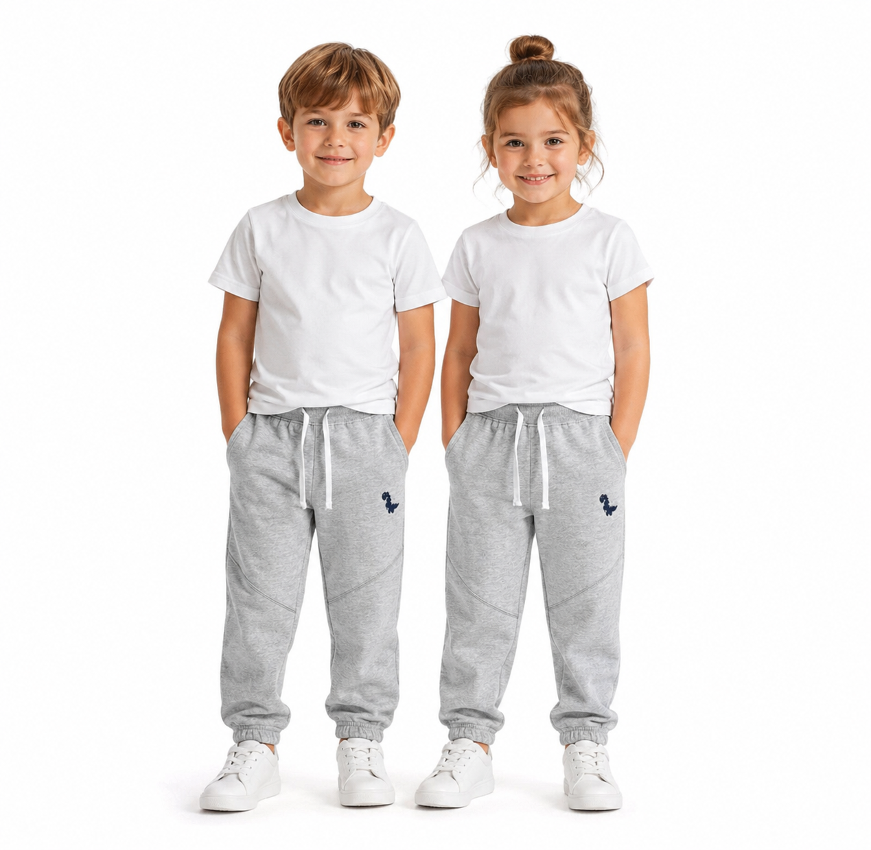 Girl and boy models wearing the light gray unisex kids cotton jogger pants.