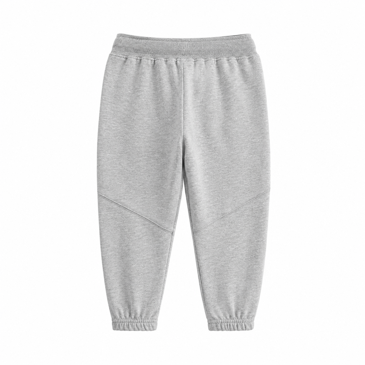 Back flat lay of the light gray kids jogger pants with elastic waistband and cuffs.