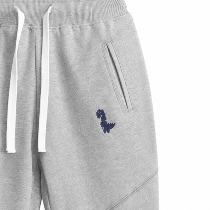 Close-up of the small dinosaur embroidery and side pocket on the light gray kids pants.