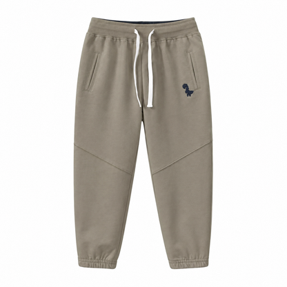 Front flat lay of the taupe kids cotton jogger pants with drawstring waist and dinosaur detail.