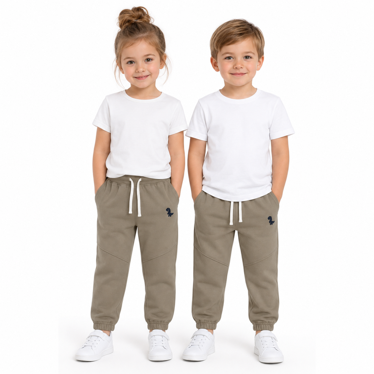 Girl and boy models wearing the taupe unisex kids cotton jogger pants.