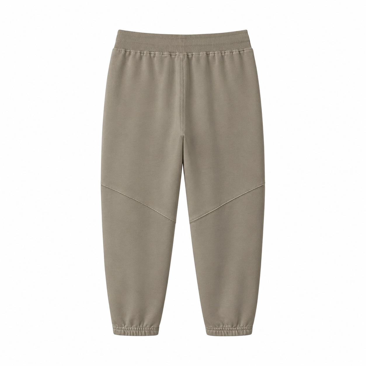 Back flat lay of the taupe kids jogger pants with elastic waistband and cuffs.