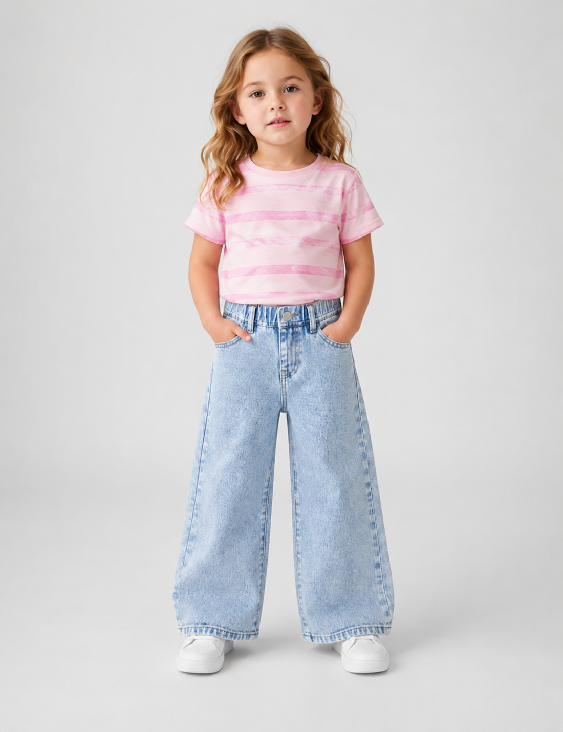 Girl model wearing the light blue denim wide-leg denim jeans.