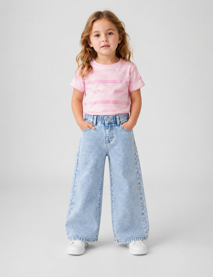 Girl model wearing the light blue denim wide-leg denim jeans.
