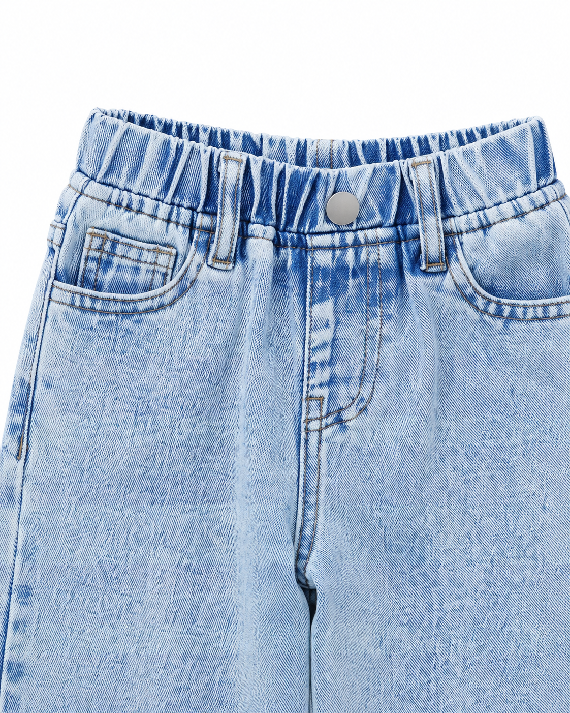 Close-up of the wide-leg denim shape and side pocket detail on the light blue denim jeans.