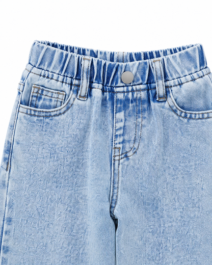 Close-up of the wide-leg denim shape and side pocket detail on the light blue denim jeans.