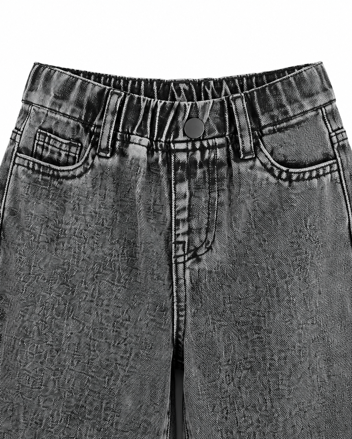 Close-up of the waistband, front button, and pocket construction on the washed black jeans.