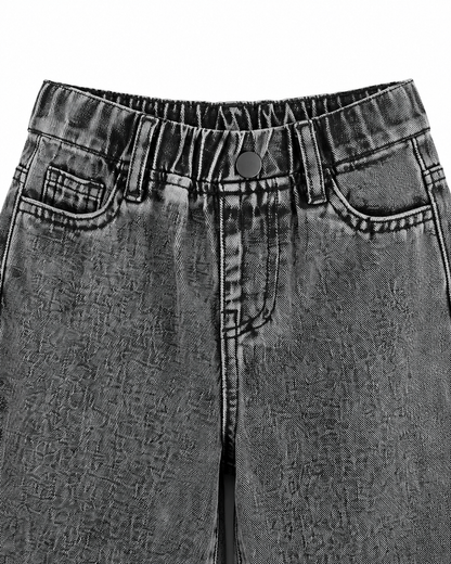 Close-up of the waistband, front button, and pocket construction on the washed black jeans.