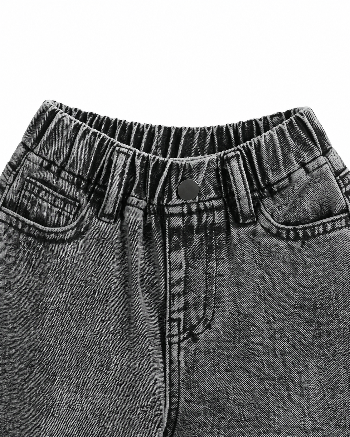 Close-up of the elastic back waistband and denim stitching on the washed black jeans.