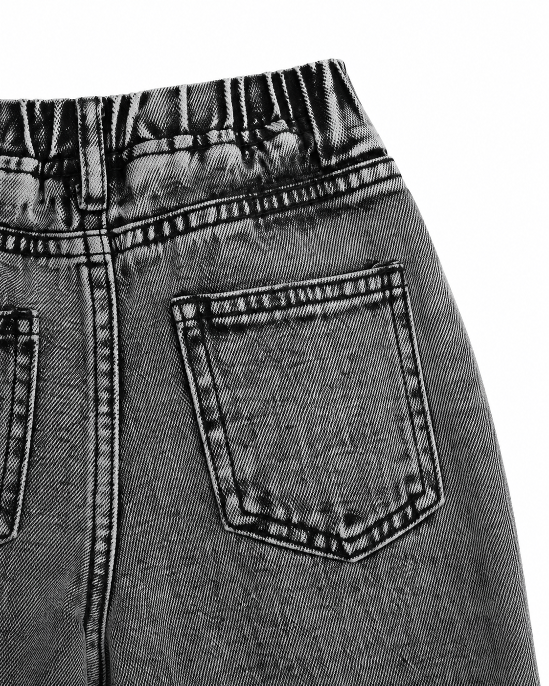 Close-up of the wide-leg denim shape and side pocket detail on the washed black jeans.