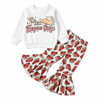 Girls white long sleeve top and flare pants set with pie print front view