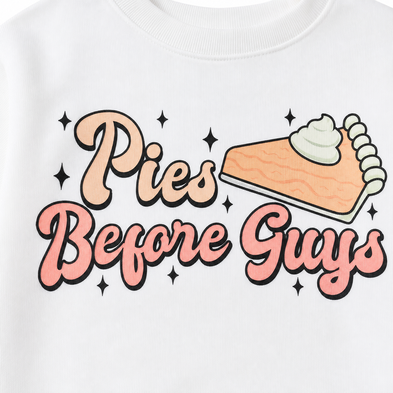 Close up of playful pie graphic design on girls shirt