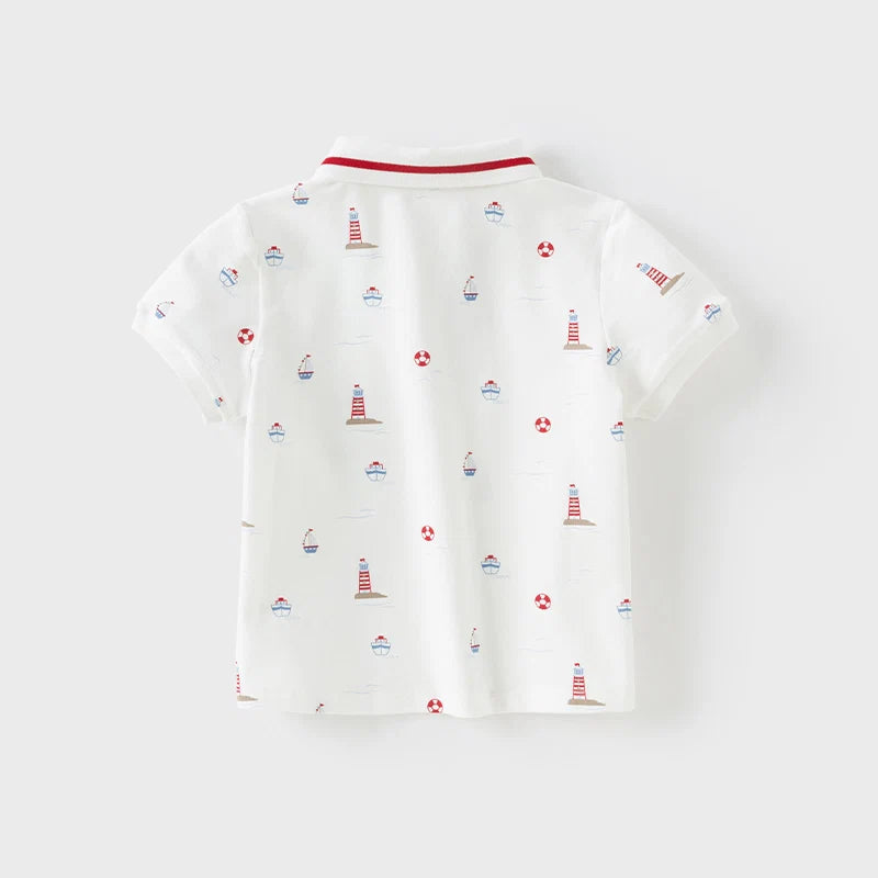 Back view of the white nautical boys polo shirt with an all-over coastal print.