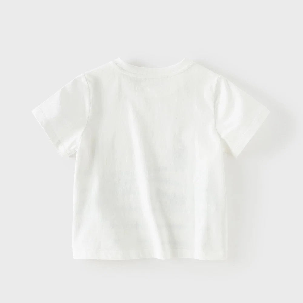 Back view of the plain white short-sleeve kids cotton T-shirt.