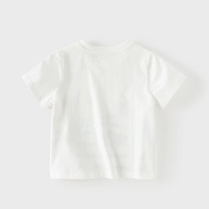 Back view of the plain white short-sleeve kids cotton T-shirt.