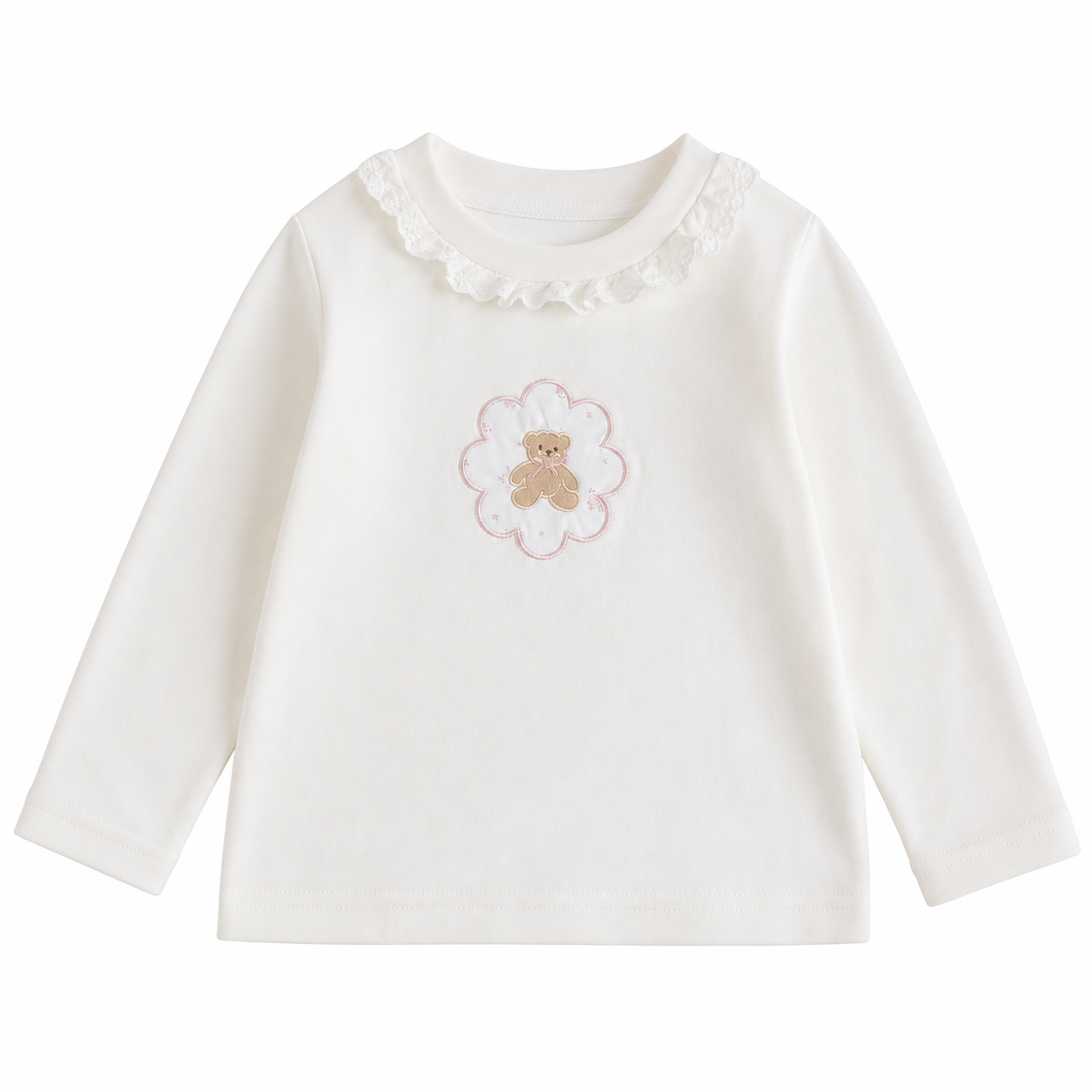 Front flat lay of the Ivory girls cotton long sleeve top with ruffle collar and teddy bear framed by a flower outline on a white background.